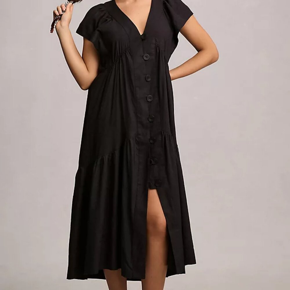 The Reneé Flutter-Sleeve Linen Button-Front Midi Dress - Picture 1 of 4